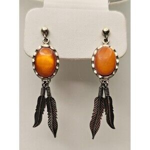 Vintage WMCO Sterling Silver Earrings Orange Stones & Feather Post Back 2 1/4"L